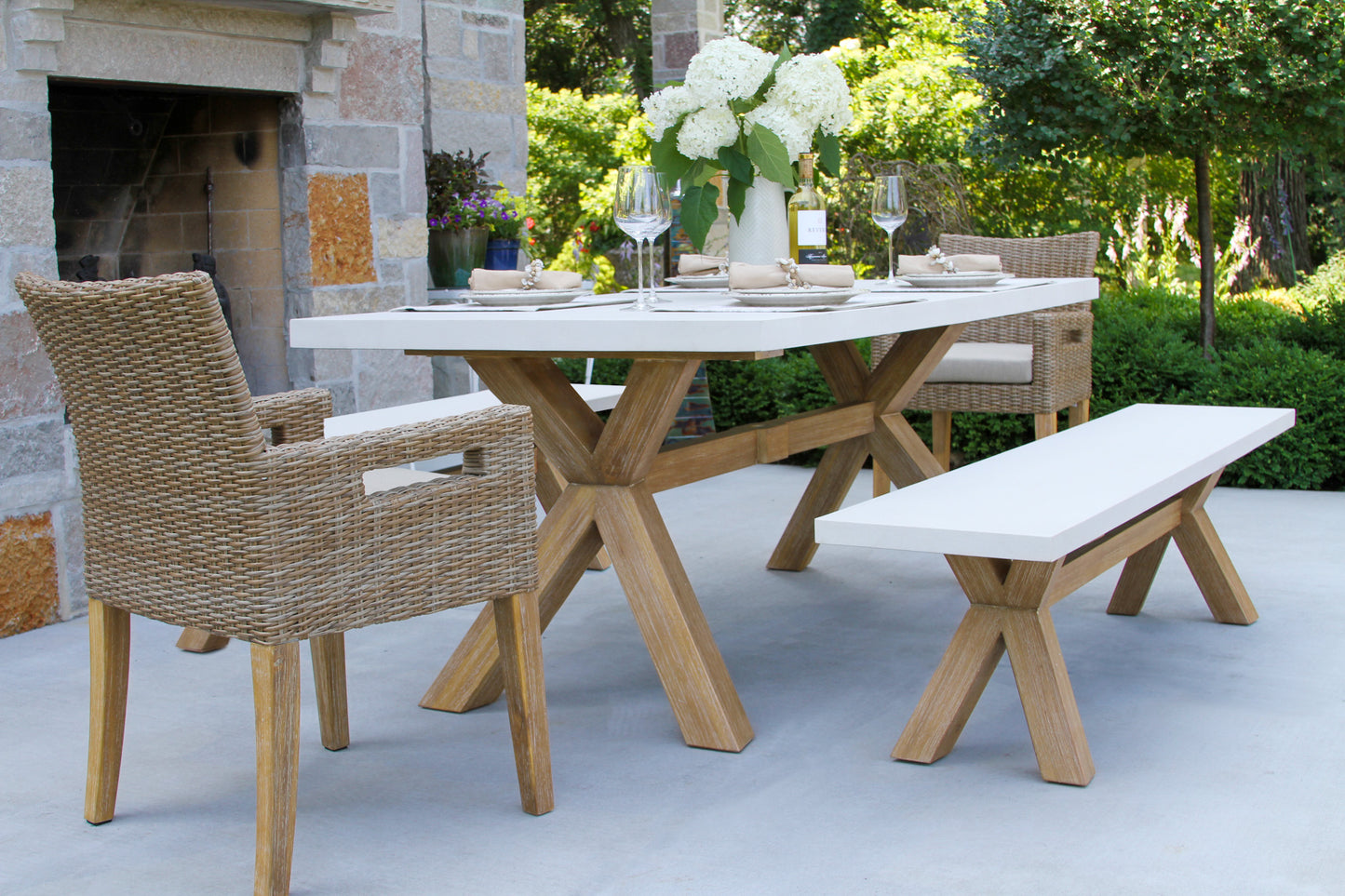 Ivory Composite and Antique Wash Outdoor Eucalyptus Dining Table 74" x 38"