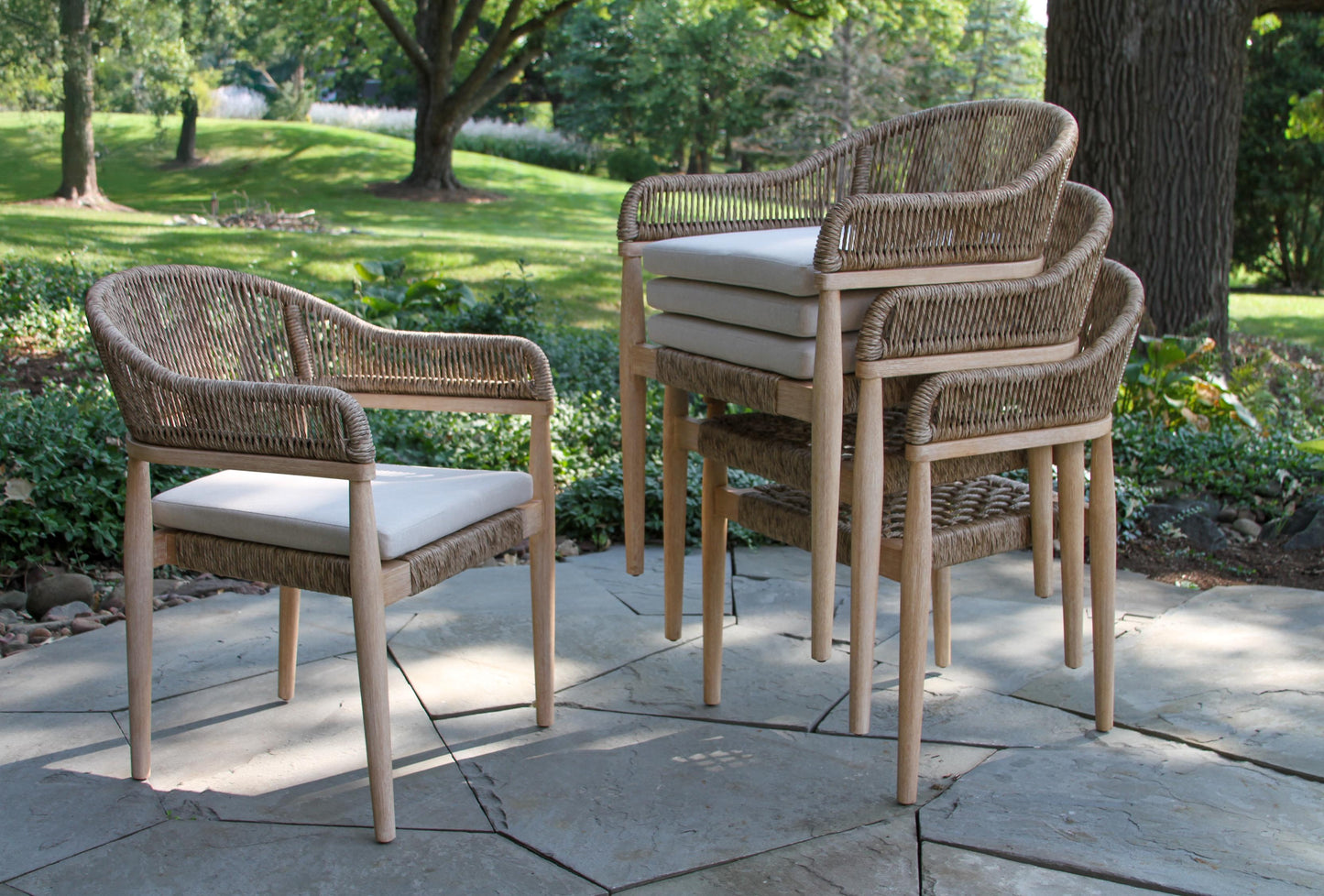 Antique Wash Eucalyptus and Beige Outdoor Cable Wicker Stacking Dining Chair
