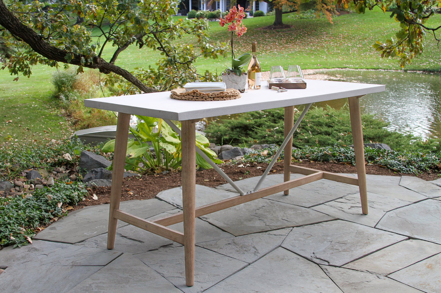 Antique Wash Eucalyptus and Ivory Composite Outdoor Counter Height Table 72" x 36"