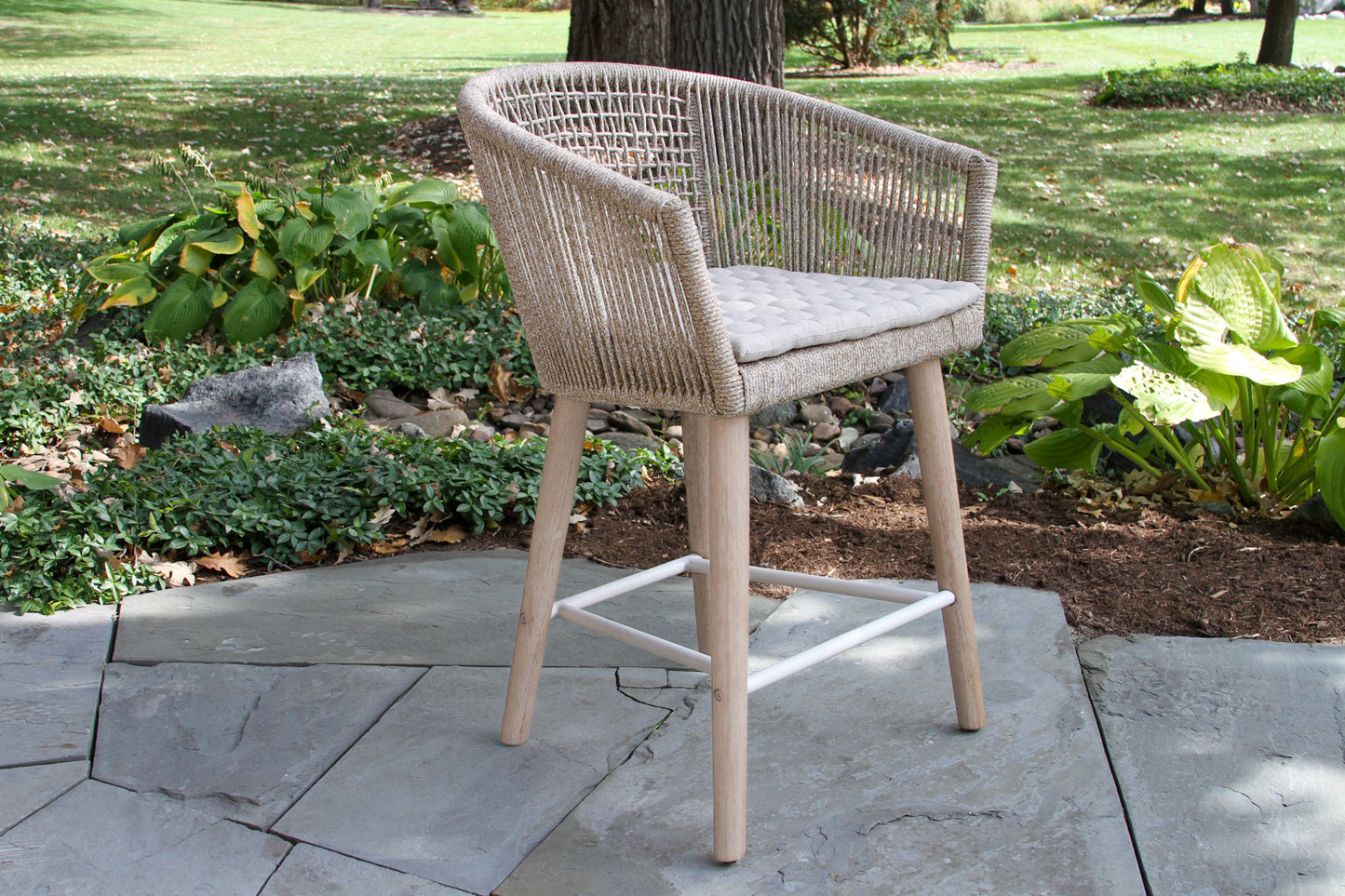 Antique Wash Eucalyptus and Wheat Outdoor Rope Counter Chairs