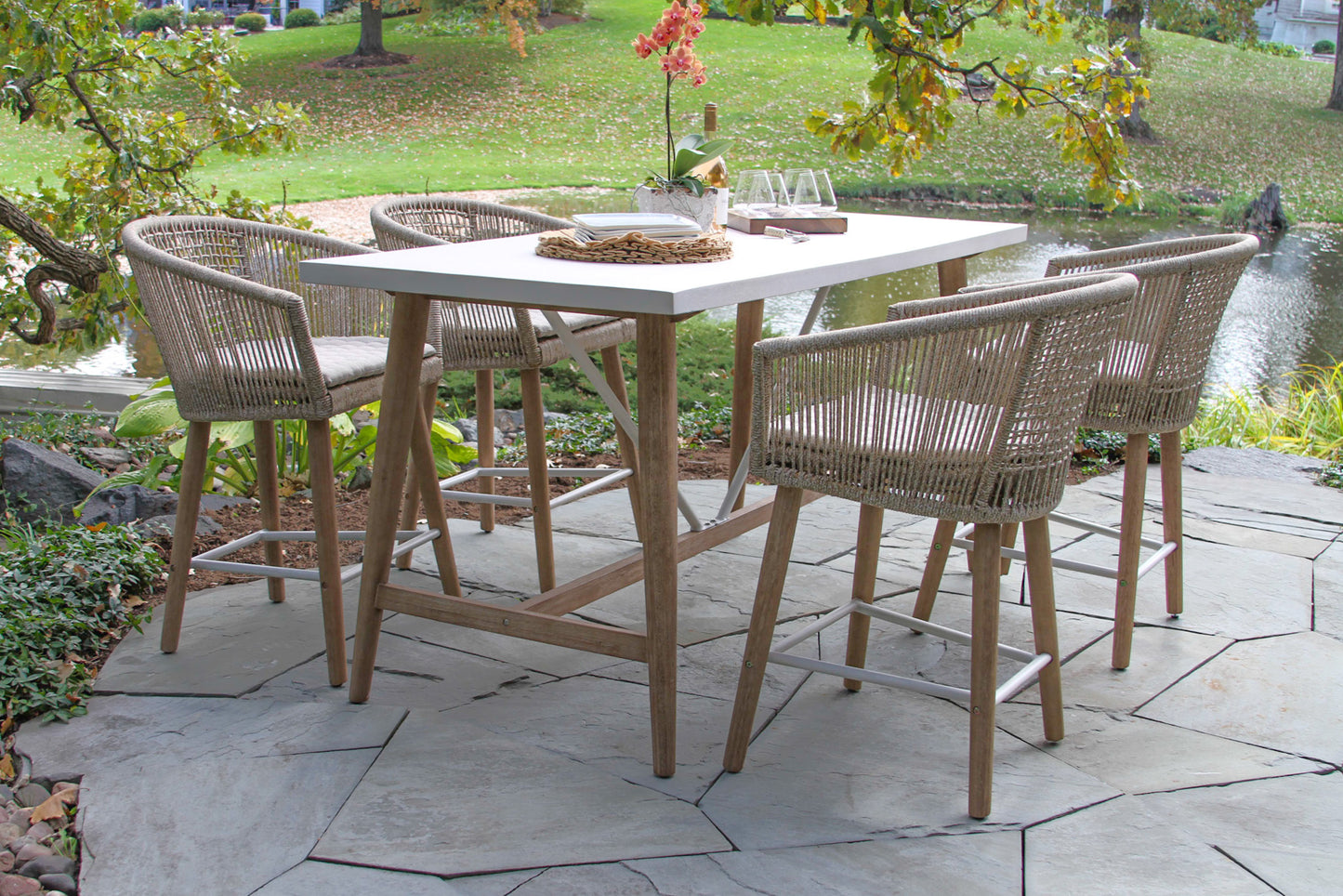 Antique Wash Eucalyptus and Wheat Outdoor Rope Counter Chairs