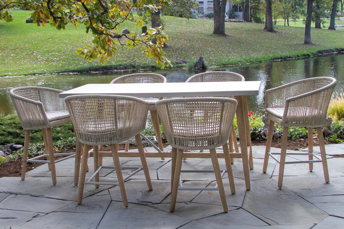 Antique Wash Eucalyptus and Wheat Outdoor Rope Counter Chairs