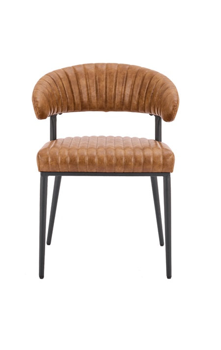Camel Brown Vinyl Upholstered Indoor Metal Chair with Ribbed Seat Design