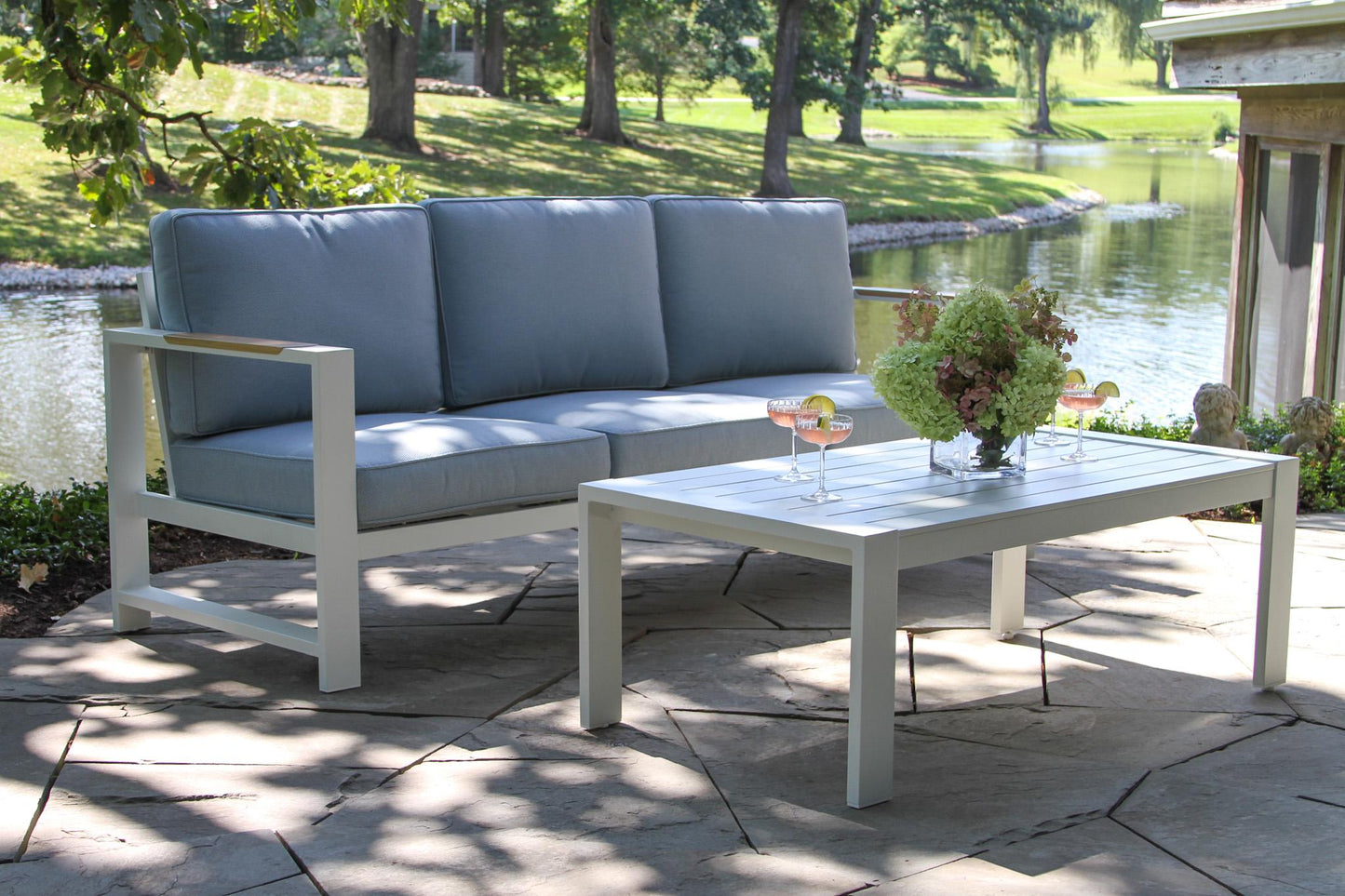 Sienna White Outdoor Aluminum Sofa w Blue Cushions