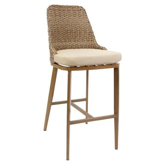 Outdoor Wood Grain Painted Aluminum Bar Stool with Wicker Back and Ivory Seat