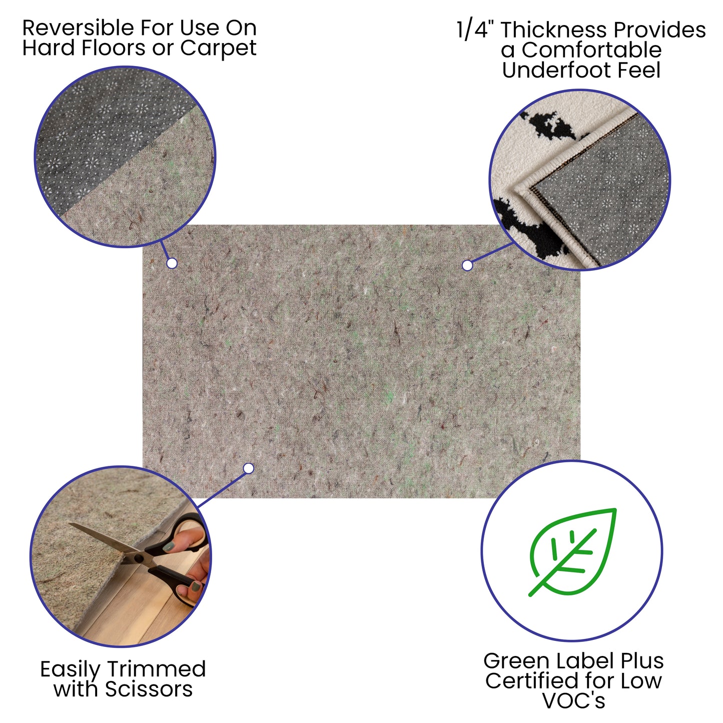 Minnie Slide-Stop® Multi-Surface Reversible Non-Slip Cushion Rug Pad, 1/4" Thick, Floor Protection, for 5'x8' Area Rug, Gray