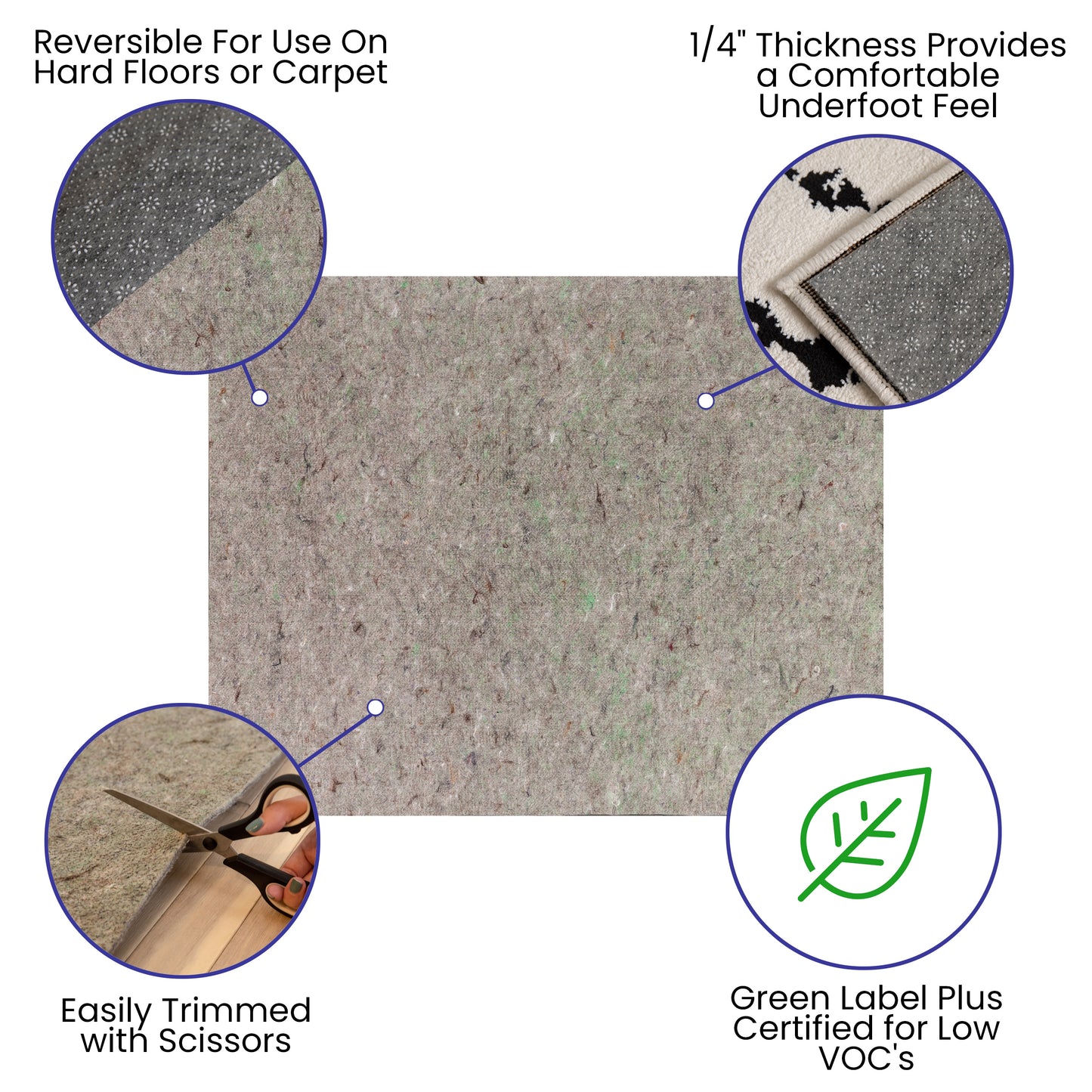 Minnie Slide-Stop® Multi-Surface Reversible Non-Slip Cushion Rug Pad, 1/4" Thick, Floor Protection, for 8'x10' Area Rug, Gray