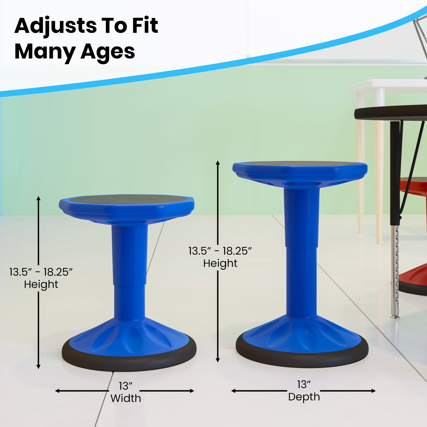 Carter Adjustable Height Kids Flexible Active Stool for Classroom and Home with Non-Skid Bottom in Blue, 14" - 18" Seat Height