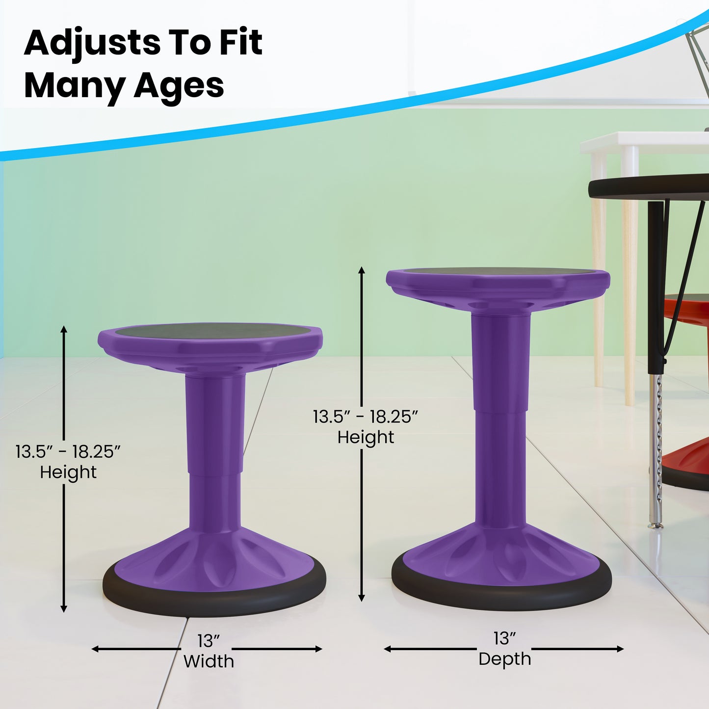 Carter Adjustable Height Kids Flexible Active Stool for Classroom and Home with Non-Skid Bottom in Purple, 14" - 18" Seat Height
