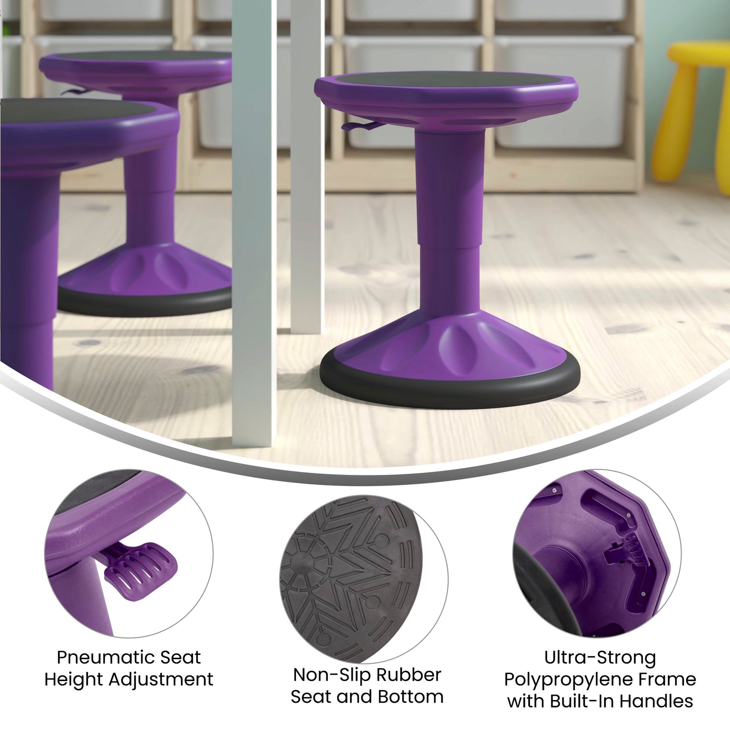 Carter Adjustable Height Kids Flexible Active Stool for Classroom and Home with Non-Skid Bottom in Purple, 14" - 18" Seat Height