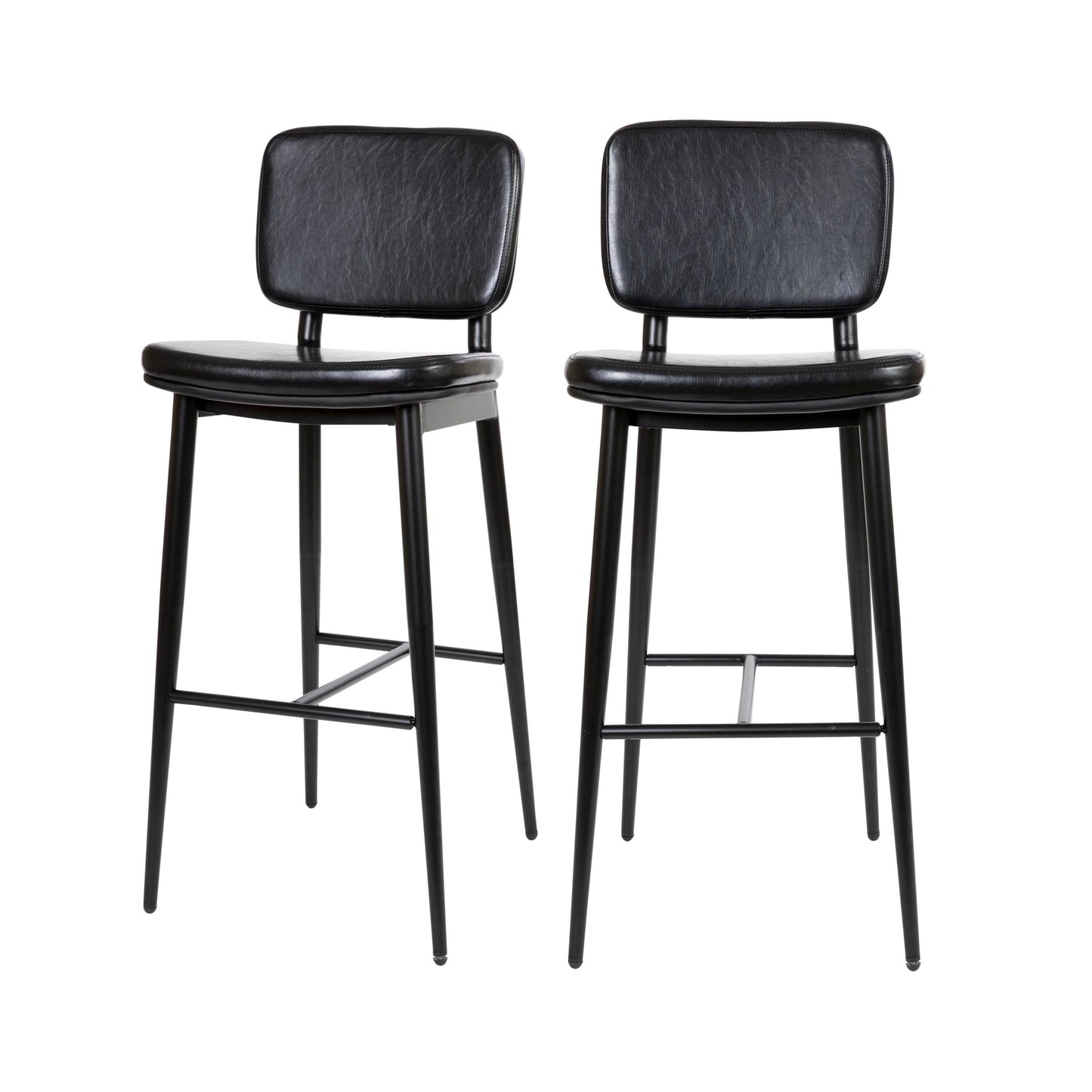 Kenzie Commercial Grade Mid-Back Barstools - Black LeatherSoft Upholstery - Black Iron Frame with Integrated Footrest - Set of 2