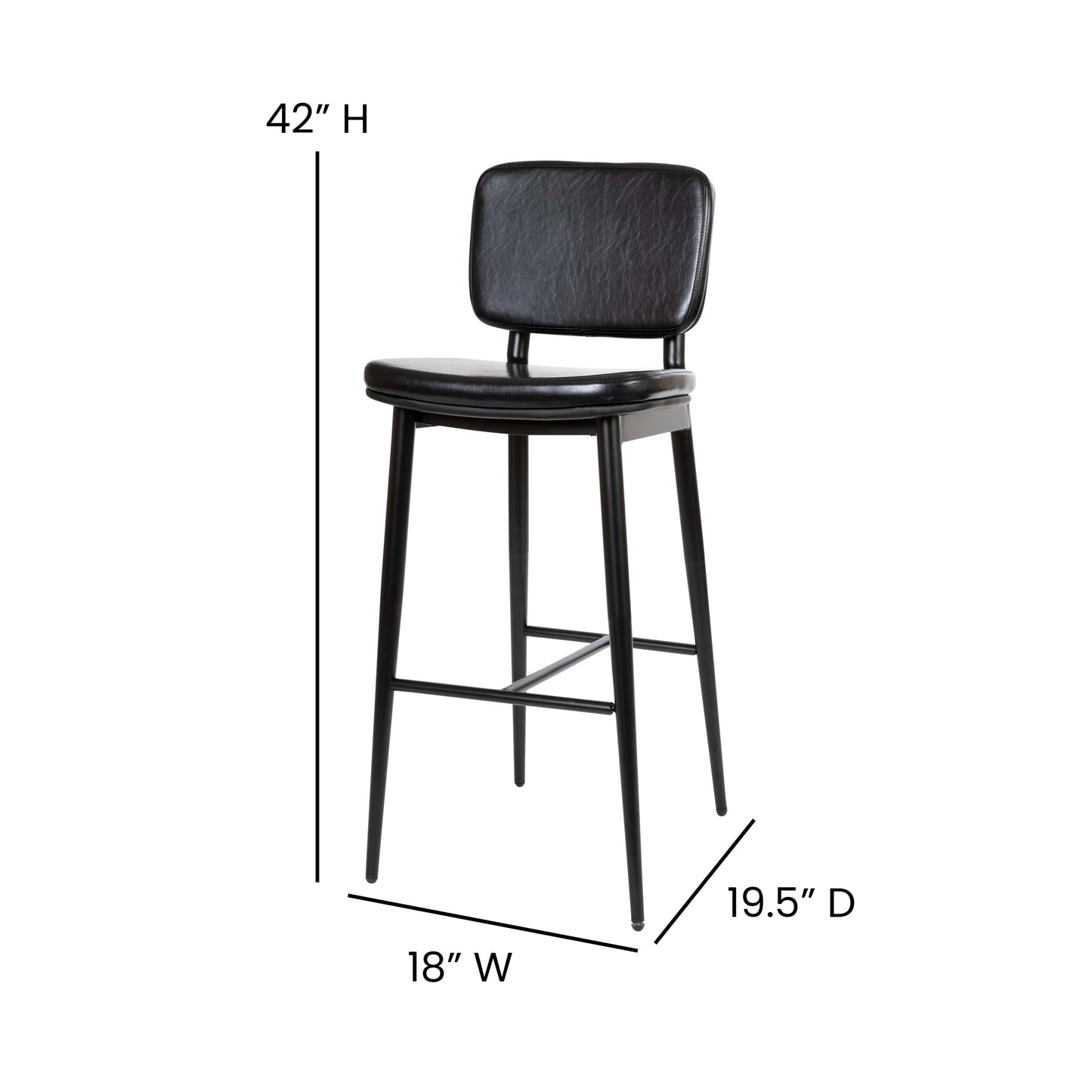 Kenzie Commercial Grade Mid-Back Barstools - Black LeatherSoft Upholstery - Black Iron Frame with Integrated Footrest - Set of 2