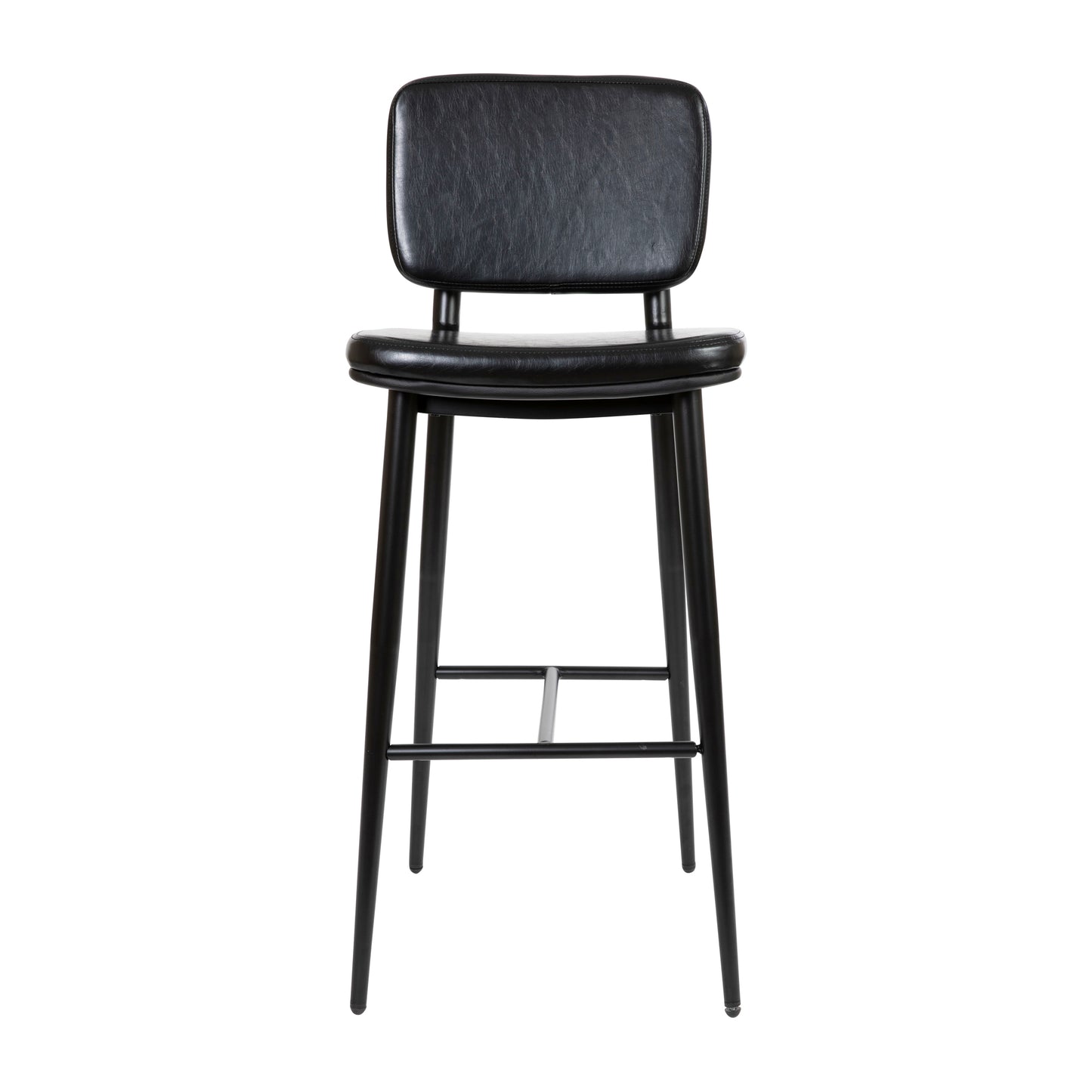 Kenzie Commercial Grade Mid-Back Barstools - Black LeatherSoft Upholstery - Black Iron Frame with Integrated Footrest - Set of 2