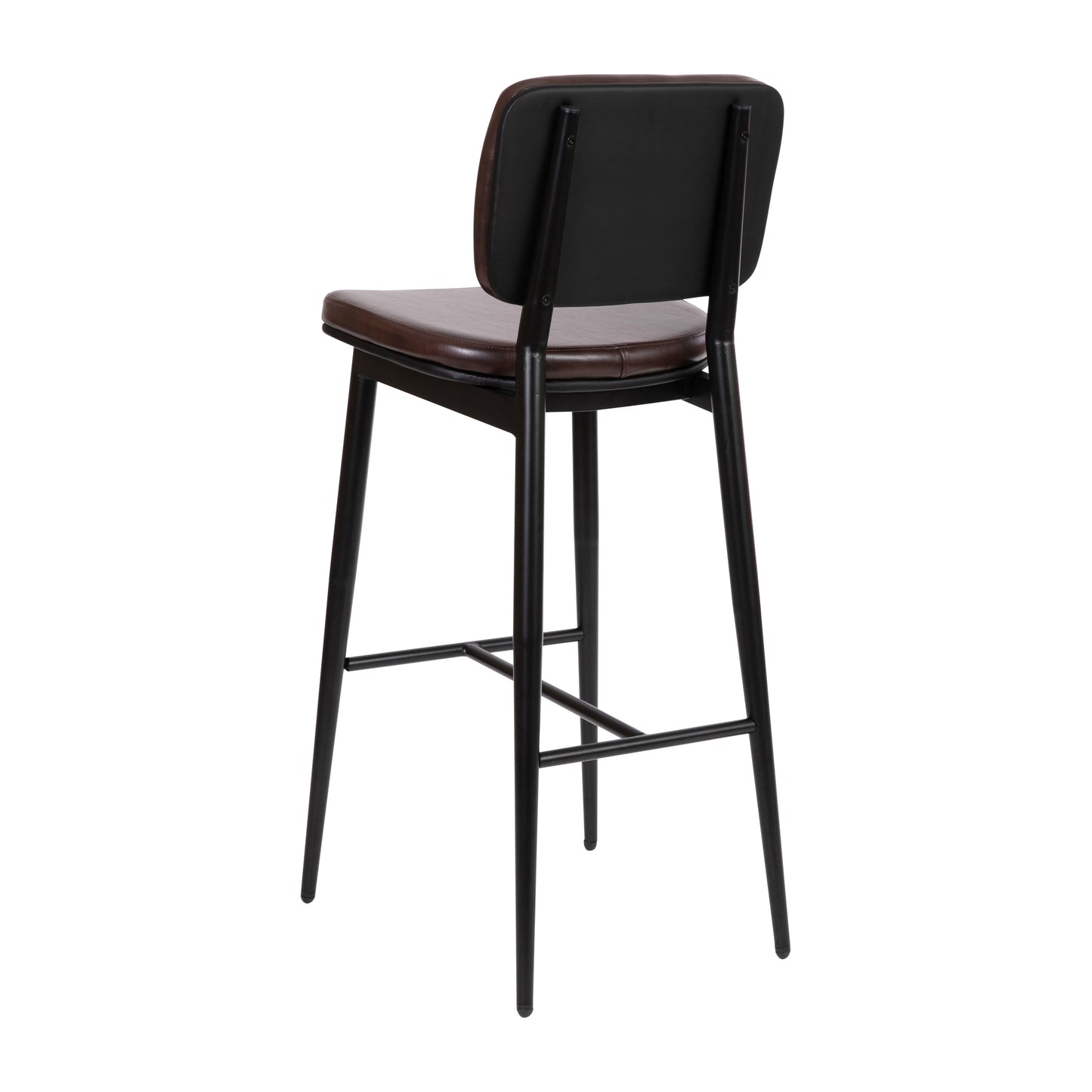 Kenzie Commercial Grade Mid-Back Barstools - Brown LeatherSoft Upholstery - Black Iron Frame with Integrated Footrest - Set of 2
