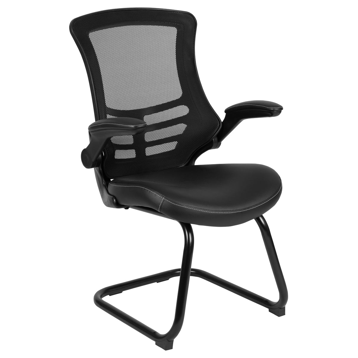 Kelista Black Mesh Sled Base Side Reception Chair with White Stitched LeatherSoft Seat and Flip-Up Arms