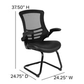 Kelista Black Mesh Sled Base Side Reception Chair with White Stitched LeatherSoft Seat and Flip-Up Arms