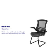 Kelista Black Mesh Sled Base Side Reception Chair with White Stitched LeatherSoft Seat and Flip-Up Arms