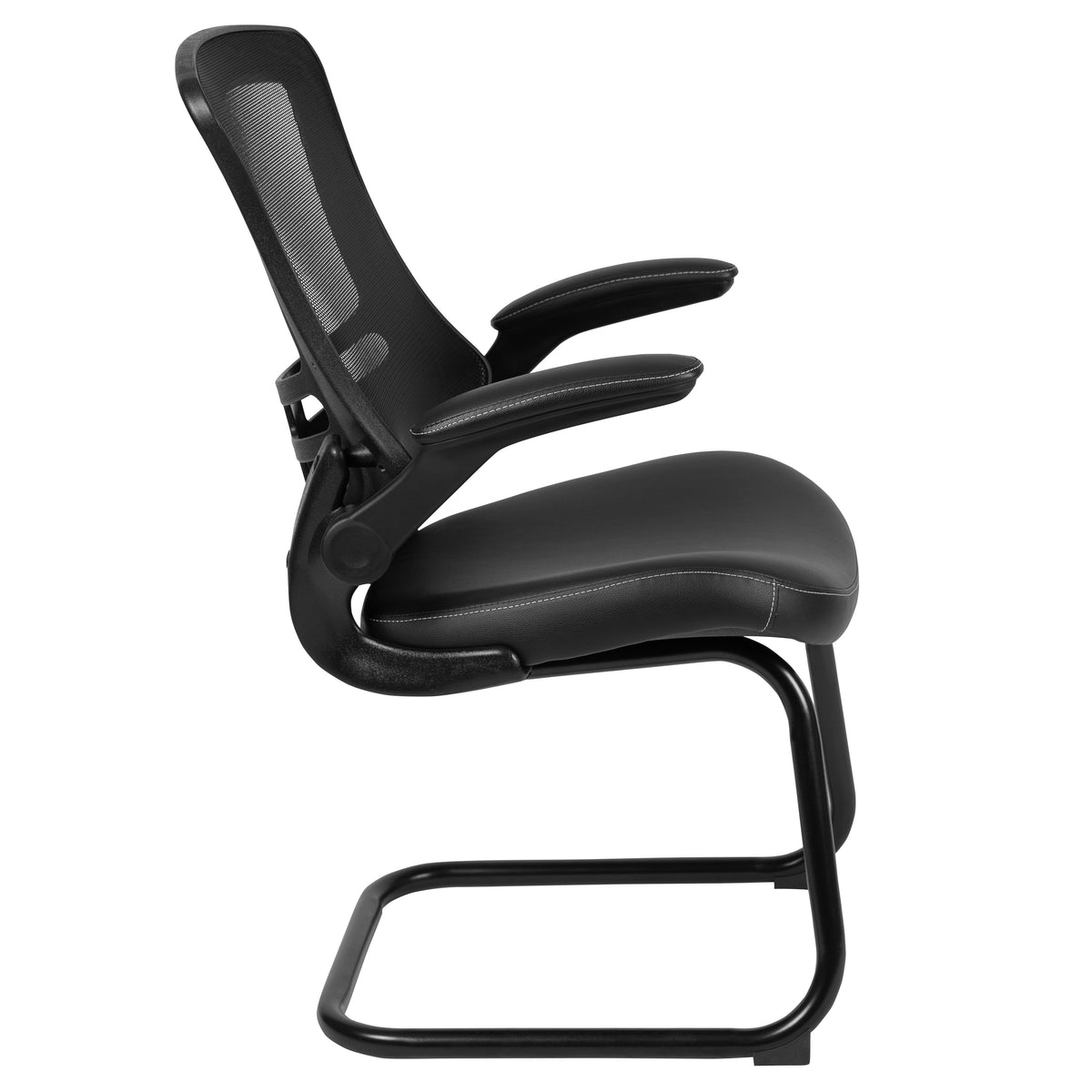 Kelista Black Mesh Sled Base Side Reception Chair with White Stitched LeatherSoft Seat and Flip-Up Arms