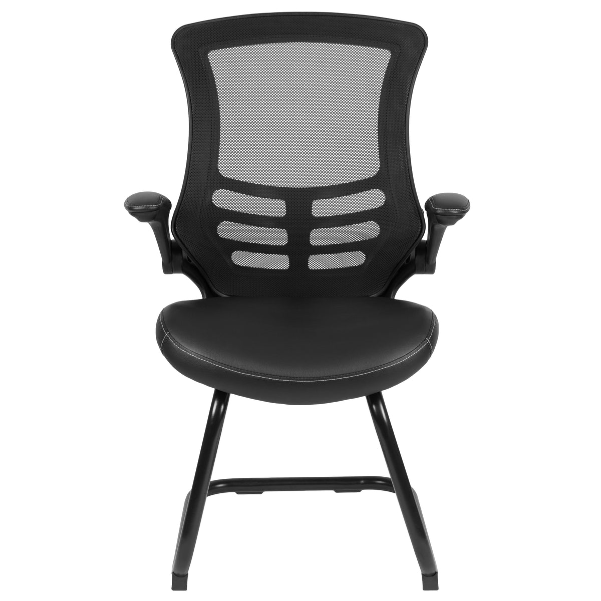 Kelista Black Mesh Sled Base Side Reception Chair with White Stitched LeatherSoft Seat and Flip-Up Arms