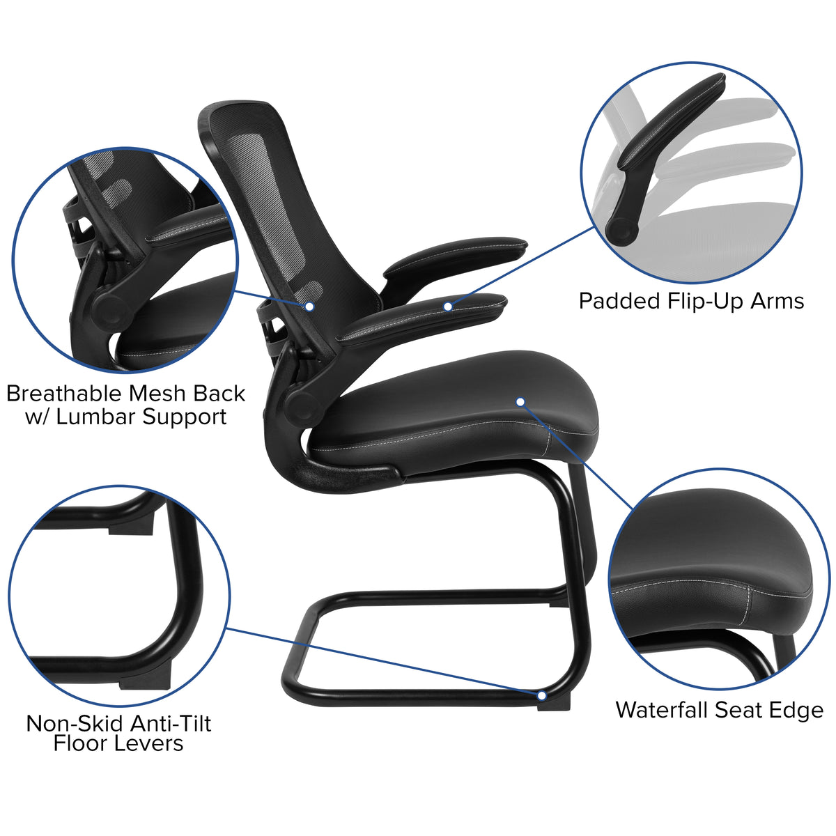 Kelista Black Mesh Sled Base Side Reception Chair with White Stitched LeatherSoft Seat and Flip-Up Arms