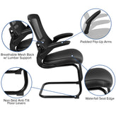 Kelista Black Mesh Sled Base Side Reception Chair with White Stitched LeatherSoft Seat and Flip-Up Arms