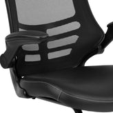 Kelista Black Mesh Sled Base Side Reception Chair with White Stitched LeatherSoft Seat and Flip-Up Arms
