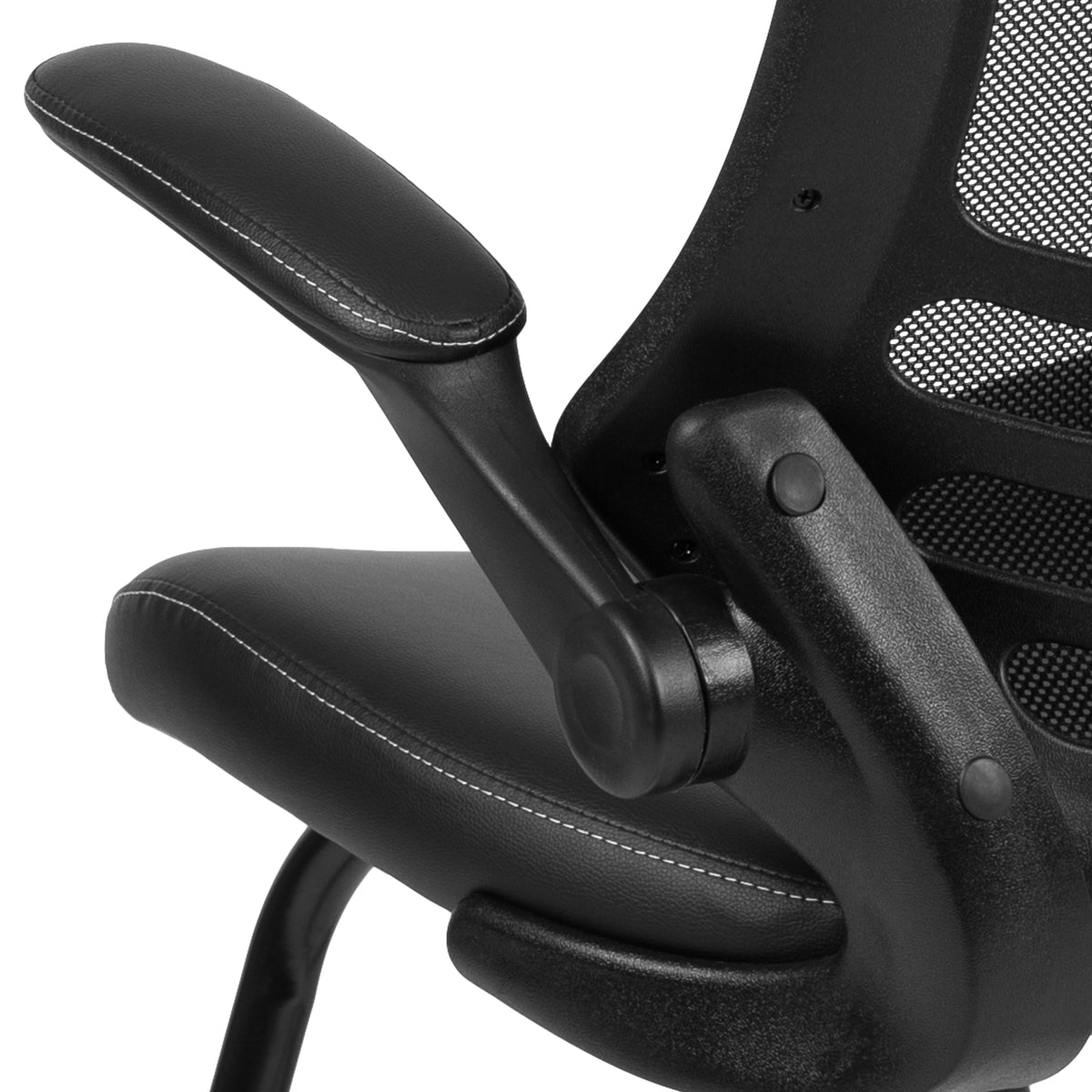 Kelista Black Mesh Sled Base Side Reception Chair with White Stitched LeatherSoft Seat and Flip-Up Arms