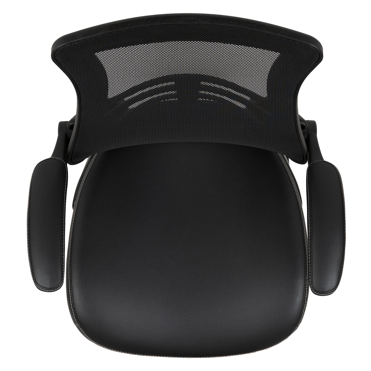 Kelista Black Mesh Sled Base Side Reception Chair with White Stitched LeatherSoft Seat and Flip-Up Arms