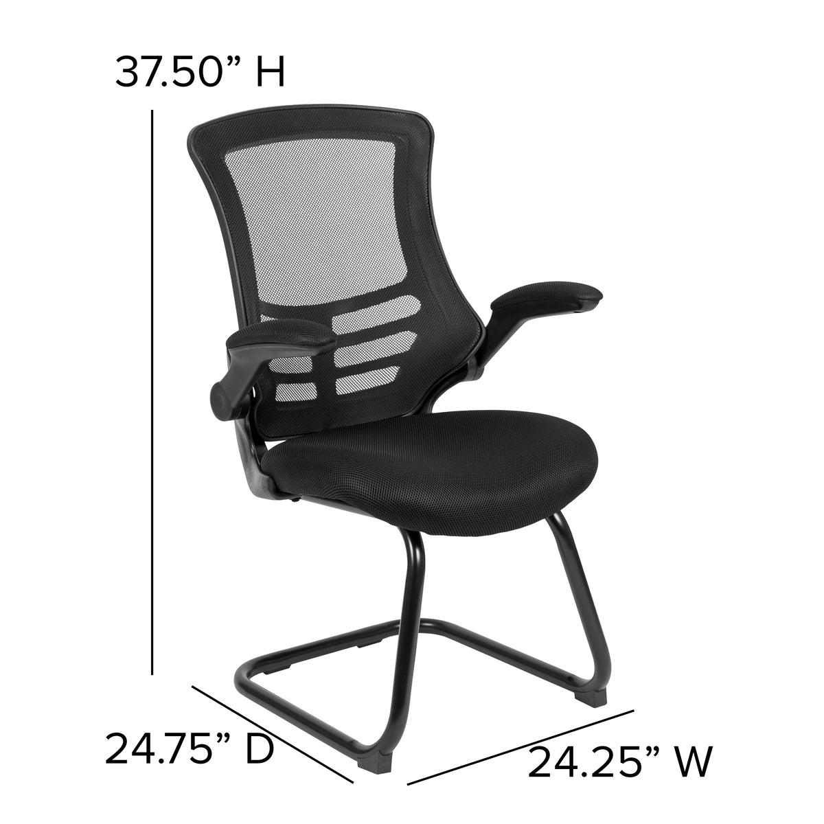 Kelista Black Mesh Sled Base Side Reception Chair with Flip-Up Arms