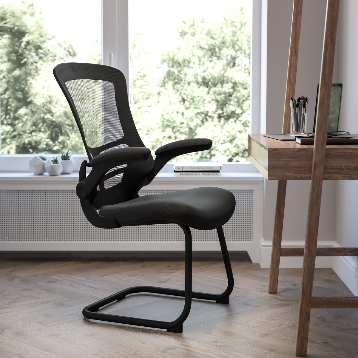 Kelista Black Mesh Sled Base Side Reception Chair with Flip-Up Arms