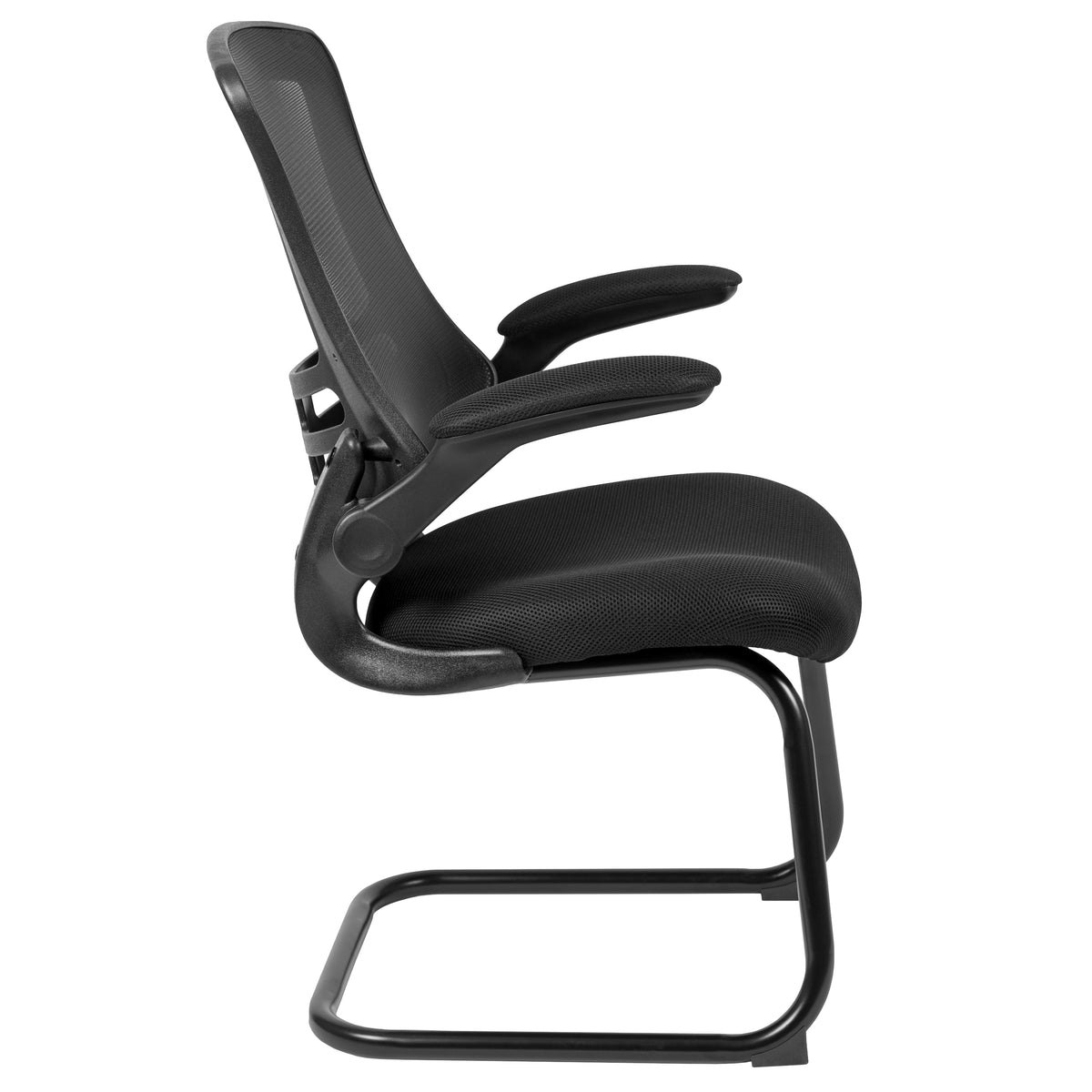 Kelista Black Mesh Sled Base Side Reception Chair with Flip-Up Arms