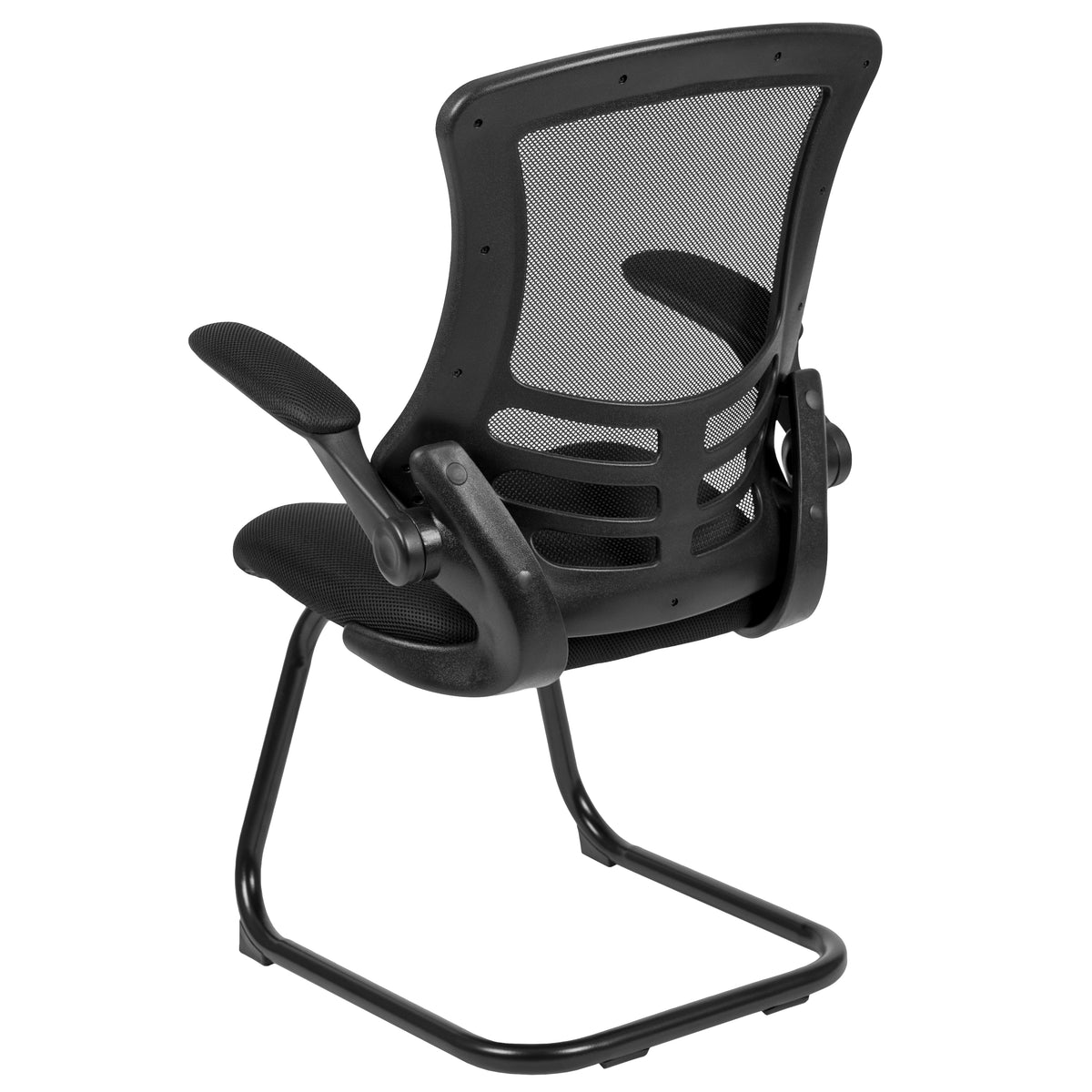 Kelista Black Mesh Sled Base Side Reception Chair with Flip-Up Arms
