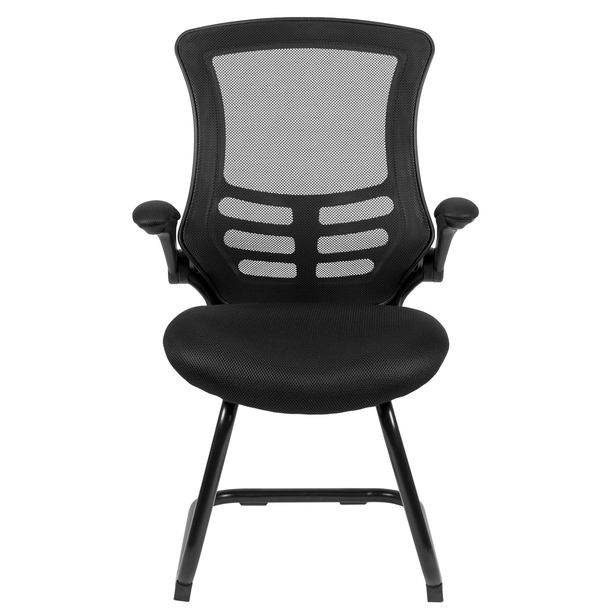 Kelista Black Mesh Sled Base Side Reception Chair with Flip-Up Arms