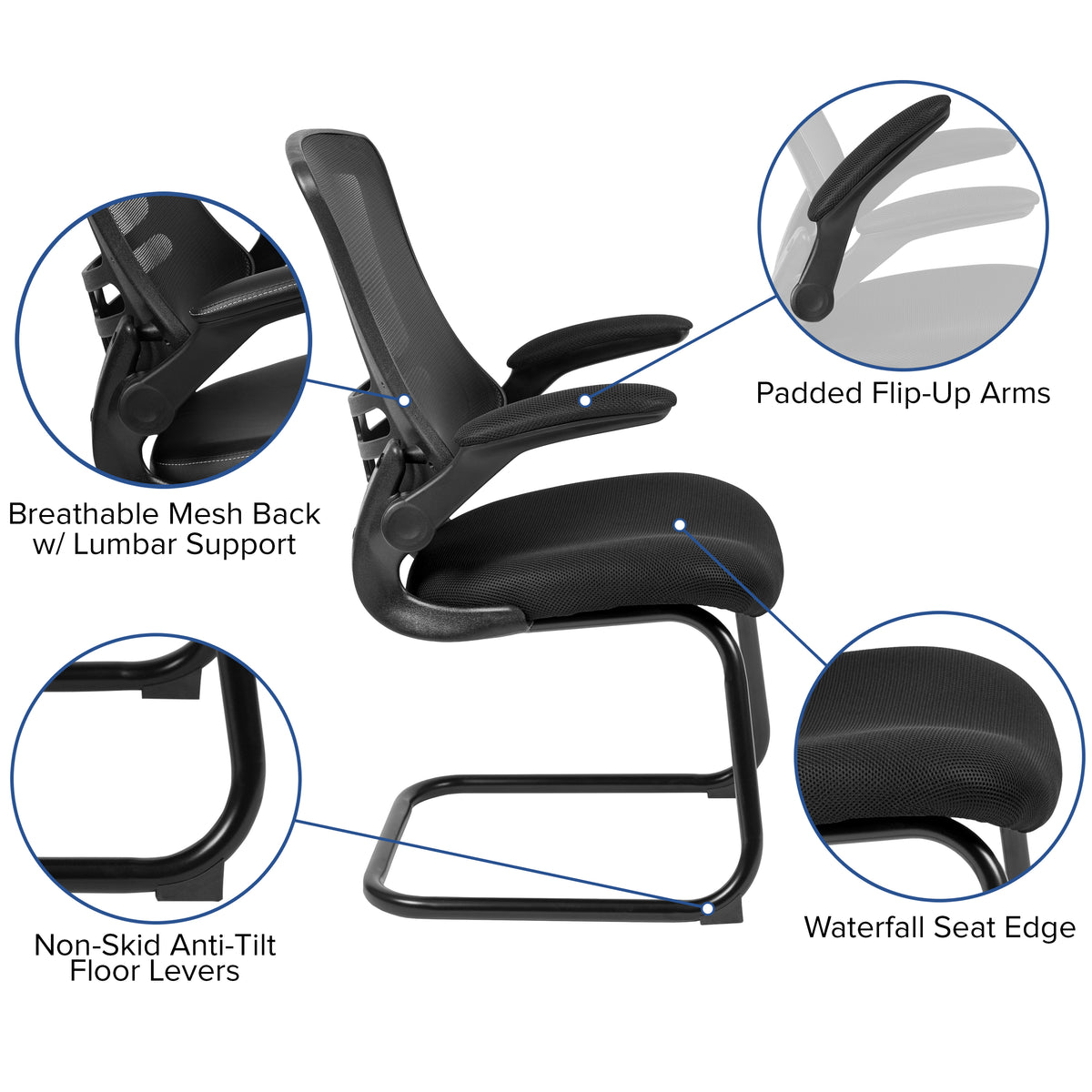 Kelista Black Mesh Sled Base Side Reception Chair with Flip-Up Arms