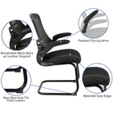 Kelista Black Mesh Sled Base Side Reception Chair with Flip-Up Arms