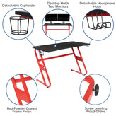 Optis Red Gaming Desk and Blue/Black Racing Chair Set with Cup Holder and Headphone Hook