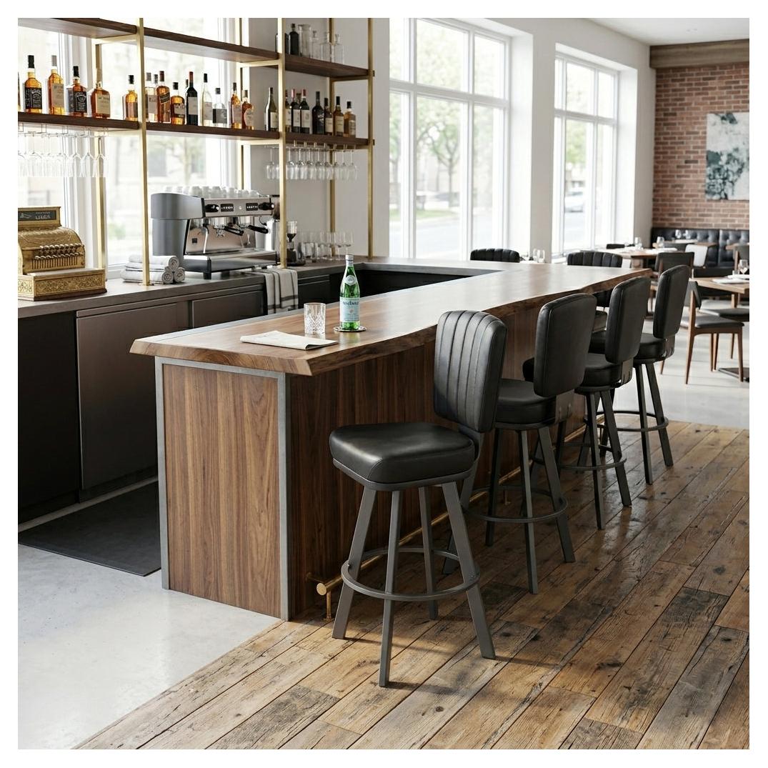 Monarch XL Swivel Bar Stool with Bucket Seat and Iron Gray Frame in Black Vinyl