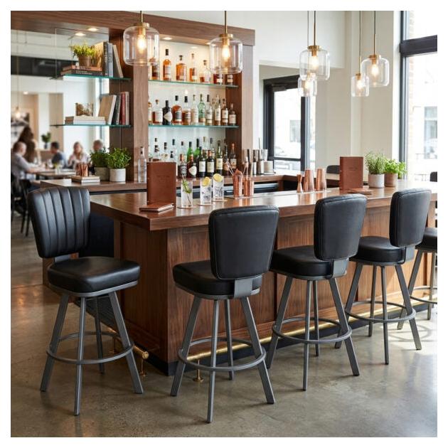 Monarch XL Swivel Bar Stool with Bucket Seat and Iron Gray Frame in Black Vinyl