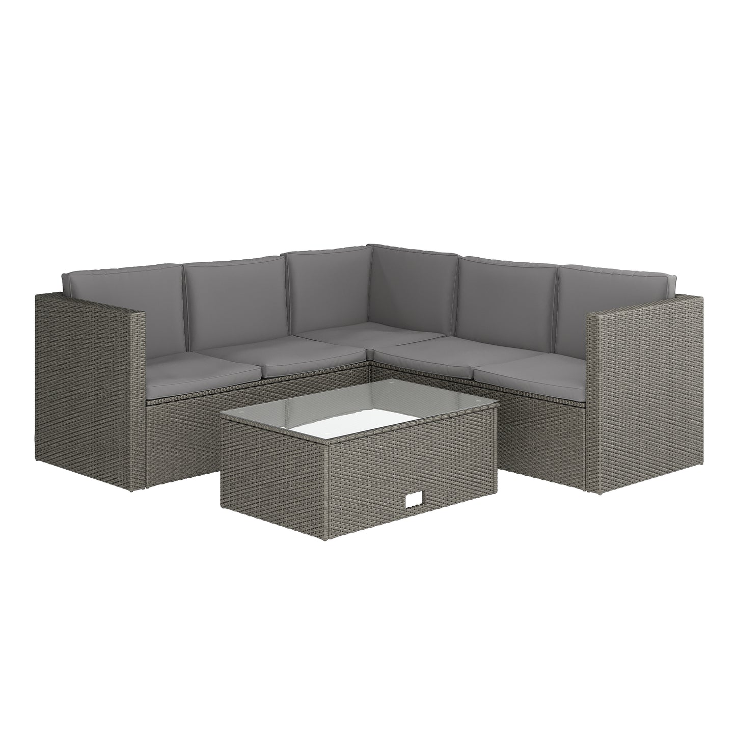 Roan Indoor/Outdoor L-Shaped Sectional with Coffee Table in Gray Wicker PE Rattan with Gray Cushions