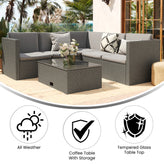 Roan Indoor/Outdoor L-Shaped Sectional with Coffee Table in Gray Wicker PE Rattan with Gray Cushions
