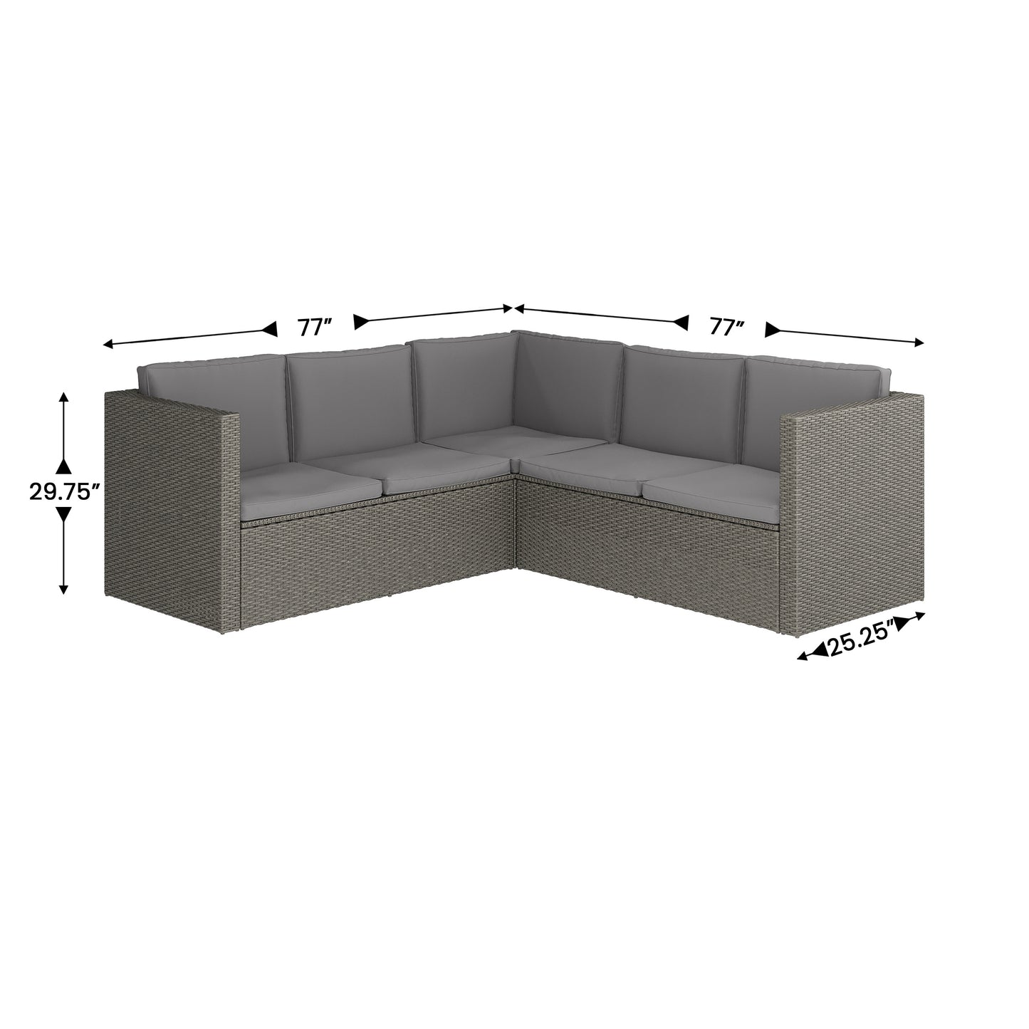 Roan Indoor/Outdoor L-Shaped Sectional with Coffee Table in Gray Wicker PE Rattan with Gray Cushions