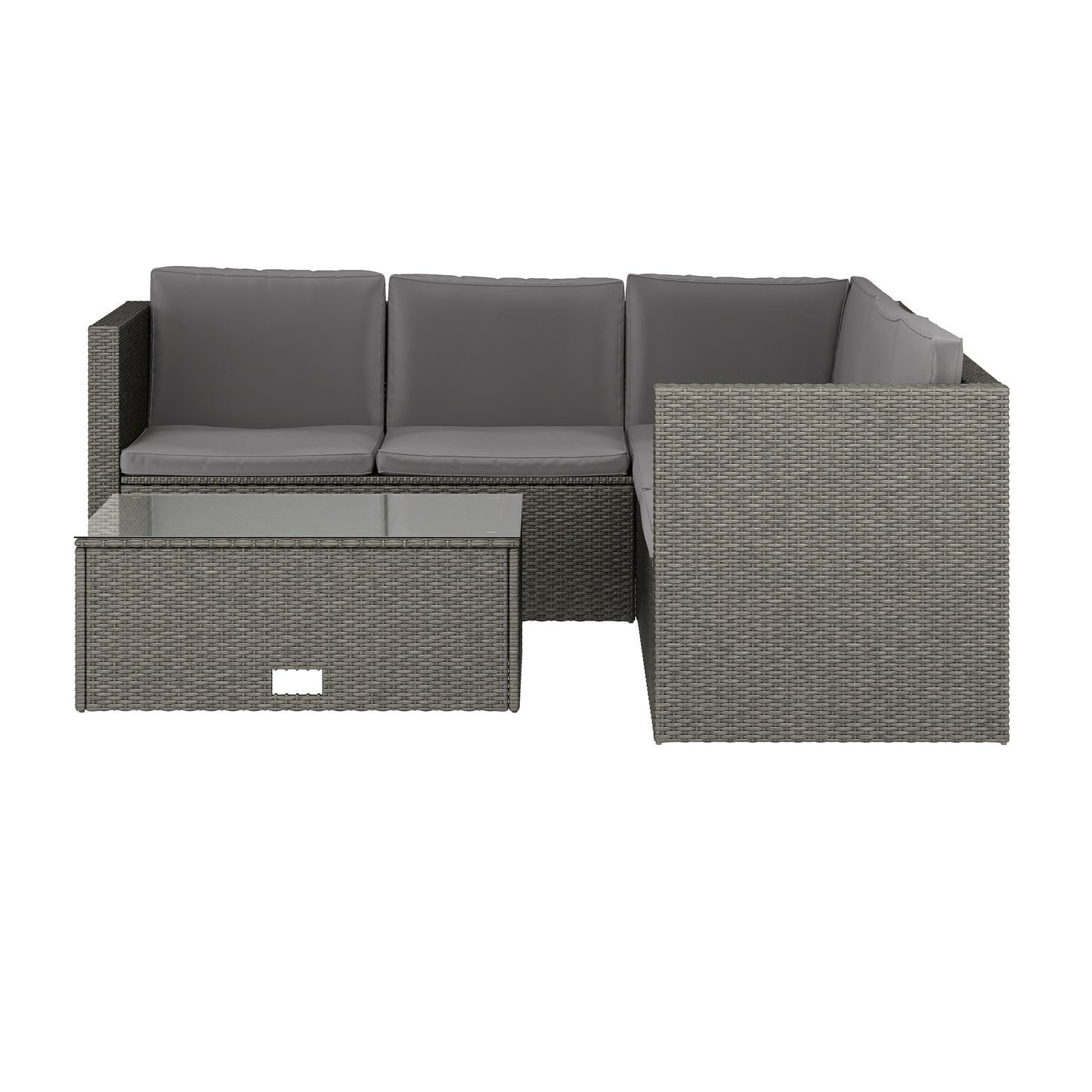 Roan Indoor/Outdoor L-Shaped Sectional with Coffee Table in Gray Wicker PE Rattan with Gray Cushions