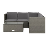 Roan Indoor/Outdoor L-Shaped Sectional with Coffee Table in Gray Wicker PE Rattan with Gray Cushions