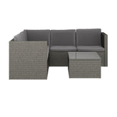 Roan Indoor/Outdoor L-Shaped Sectional with Coffee Table in Gray Wicker PE Rattan with Gray Cushions