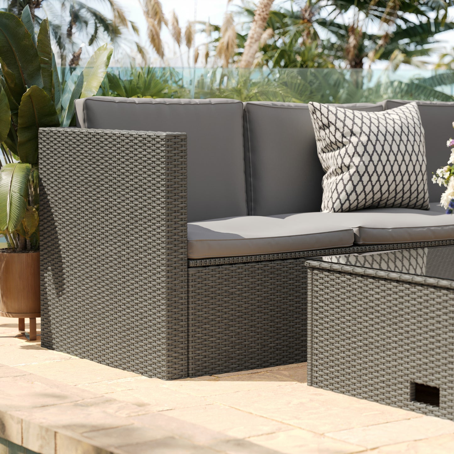Roan Indoor/Outdoor L-Shaped Sectional with Coffee Table in Gray Wicker PE Rattan with Gray Cushions