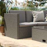 Roan Indoor/Outdoor L-Shaped Sectional with Coffee Table in Gray Wicker PE Rattan with Gray Cushions