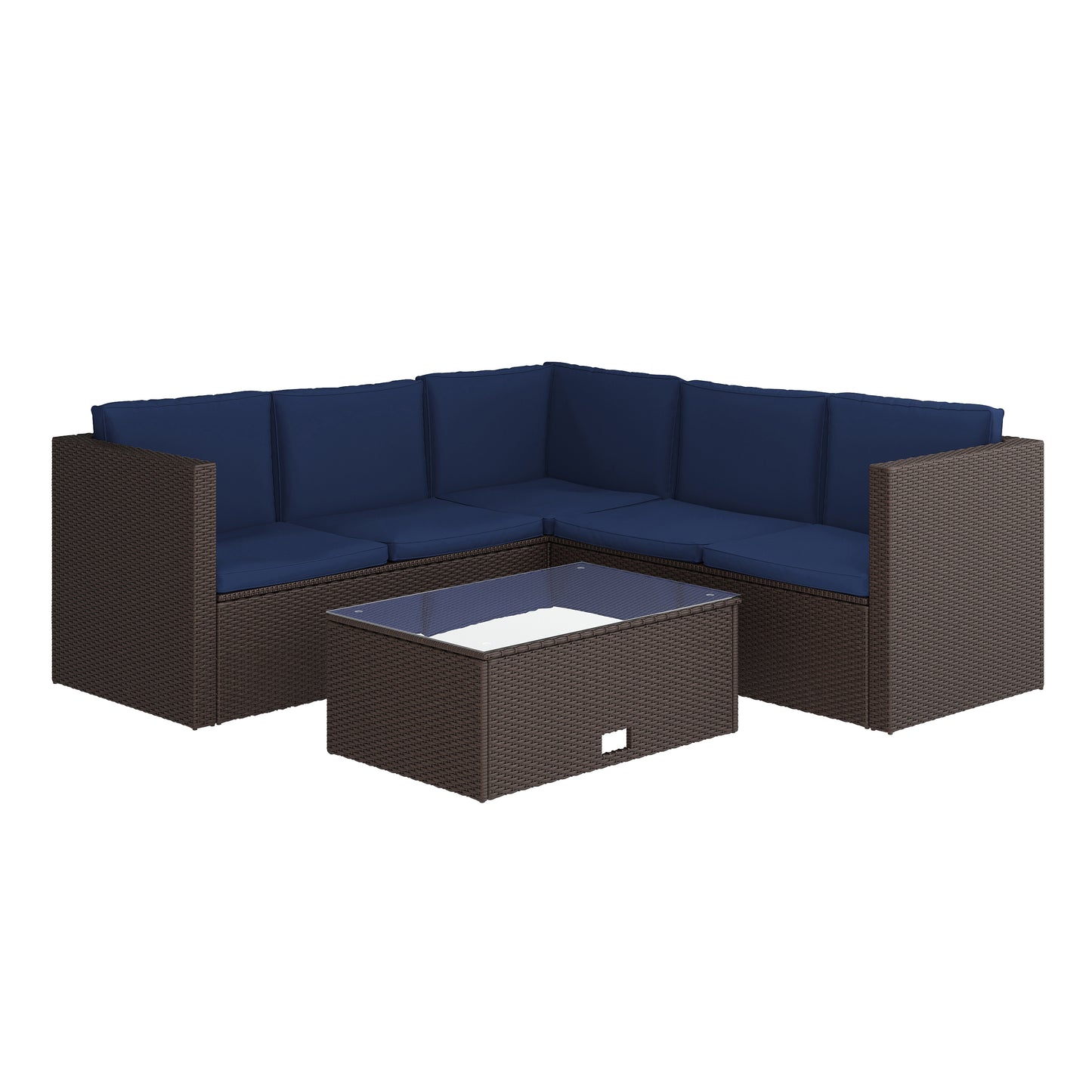 Roan Indoor/Outdoor L-Shaped Sectional with Coffee Table in Brown Wicker PE Rattan with Navy Cushions