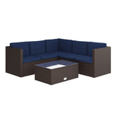Roan Indoor/Outdoor L-Shaped Sectional with Coffee Table in Brown Wicker PE Rattan with Navy Cushions