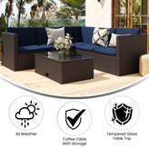Roan Indoor/Outdoor L-Shaped Sectional with Coffee Table in Brown Wicker PE Rattan with Navy Cushions