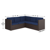 Roan Indoor/Outdoor L-Shaped Sectional with Coffee Table in Brown Wicker PE Rattan with Navy Cushions